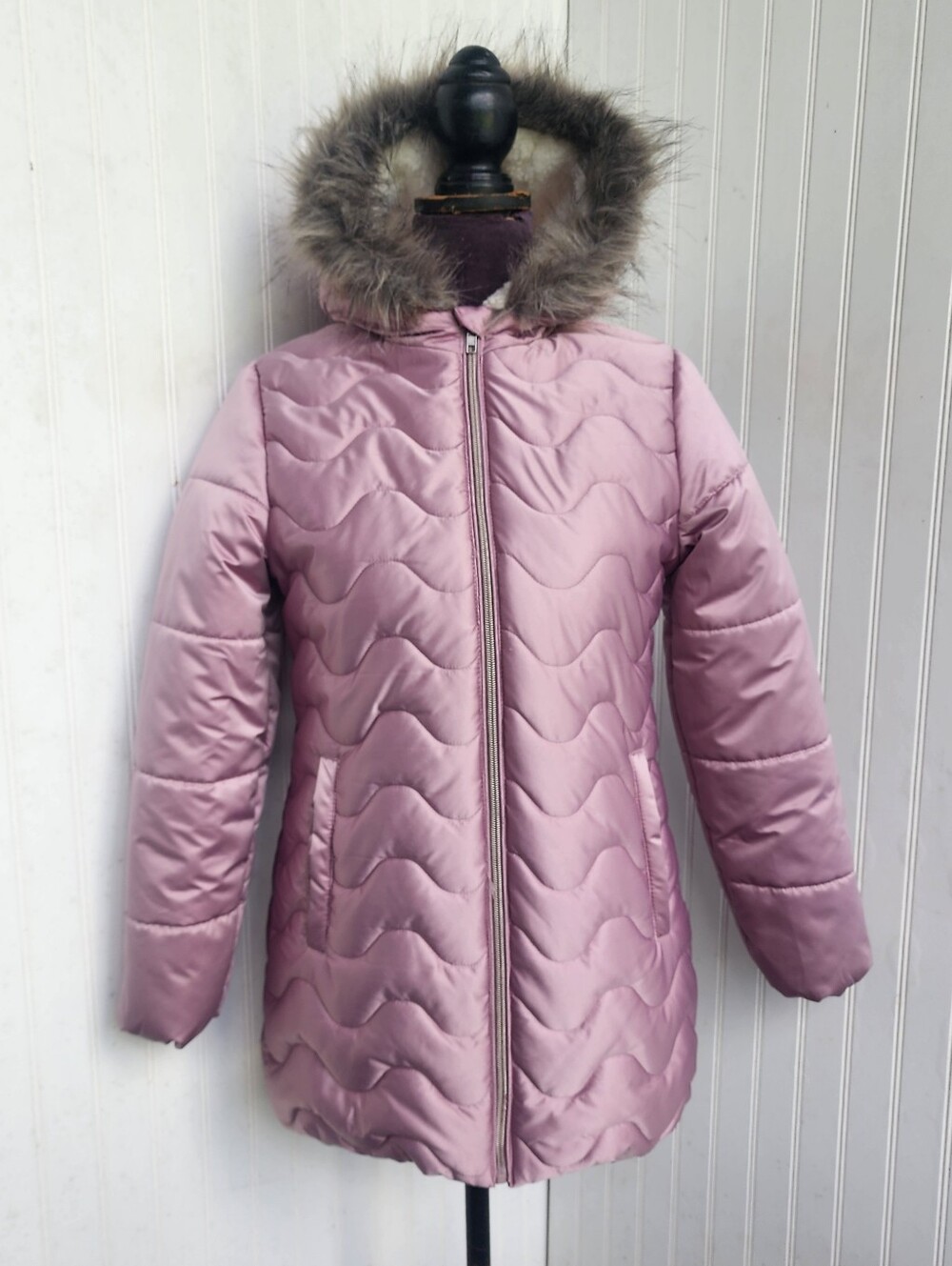 Rothschild Youth Girls Satin Quilted Faux Fur Puffer Jacket Full Zip Sz XL (16)